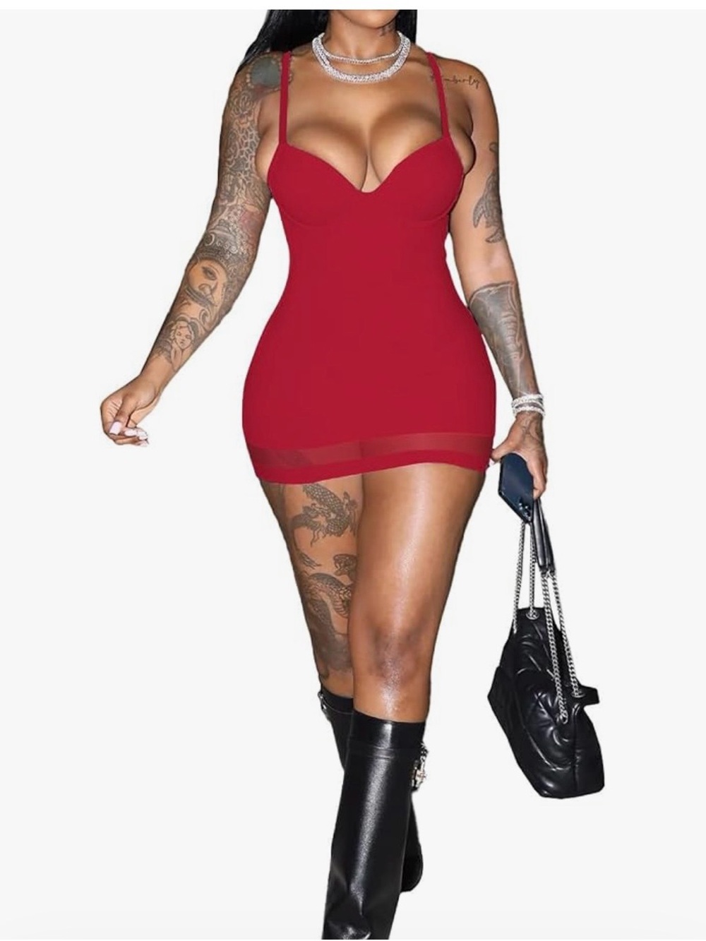 Curve-Hugging Red Bodycon Mini Dress with Sheer Hemline